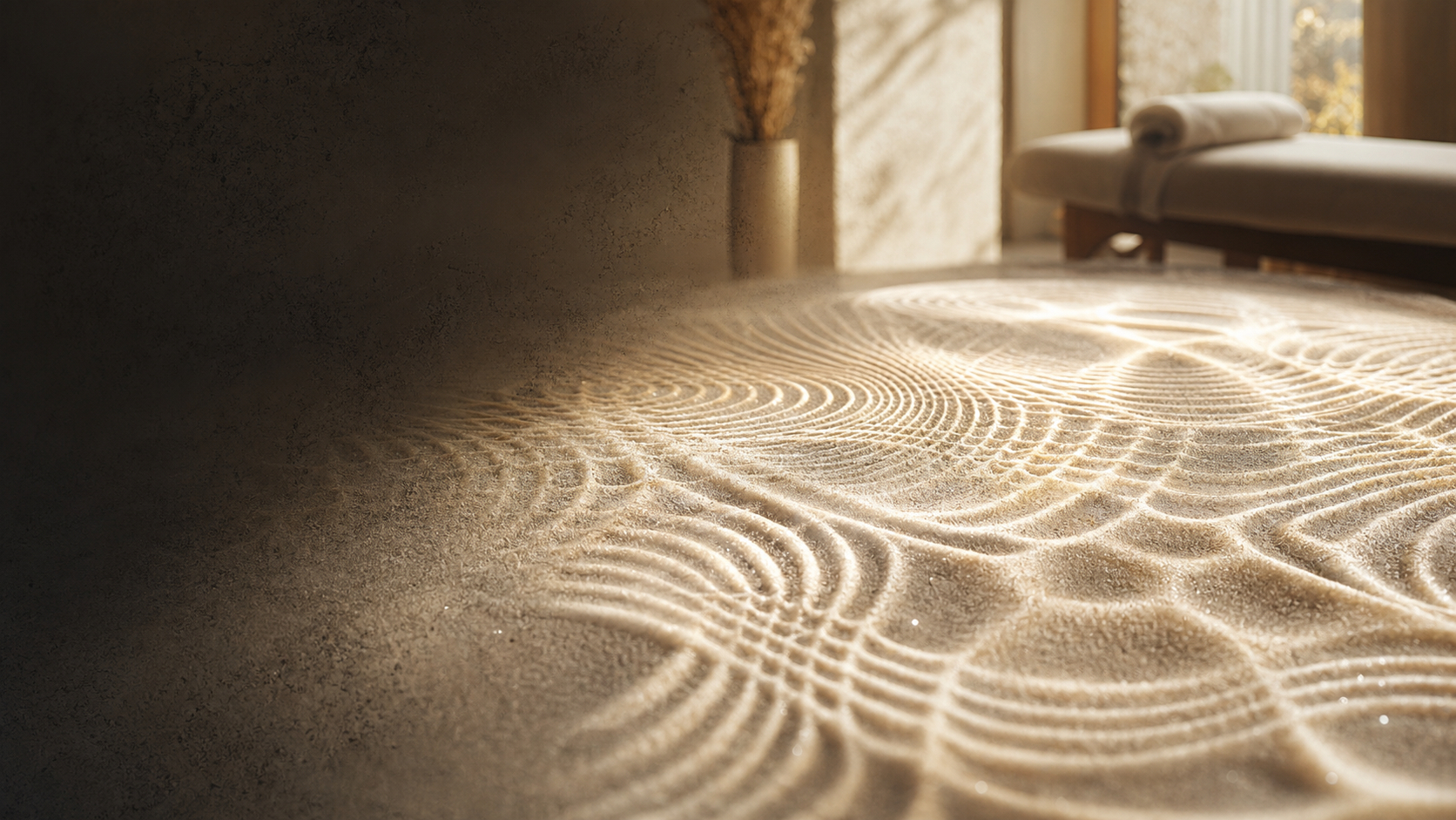 Motif cymatique sur sable fin, sculpté par la résonance, dans une lumière dorée de fin de journée